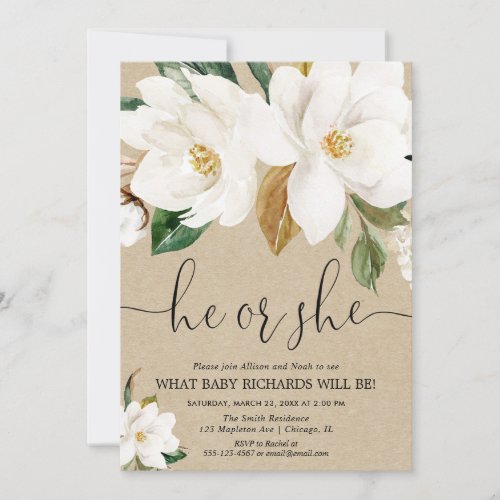 Fall gender reveal rustic kraft white floral invitation