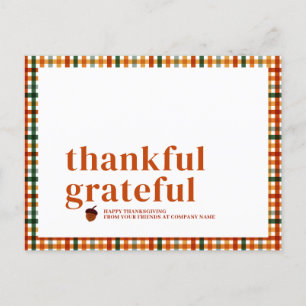 Fall Gingham Grateful Thankful Thanksgiving Holiday Postcard