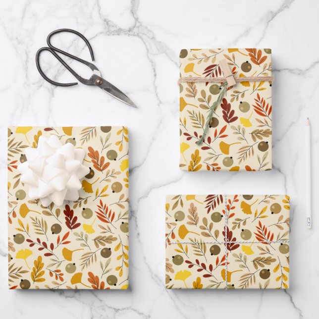Fall Ginkgo Leaves and Olive Pattern Wrapping Paper Sheets (Front)