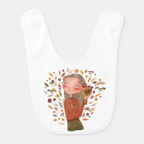 Fall Girl Autumn Flowers and Leaves Drawing  Baby Bib