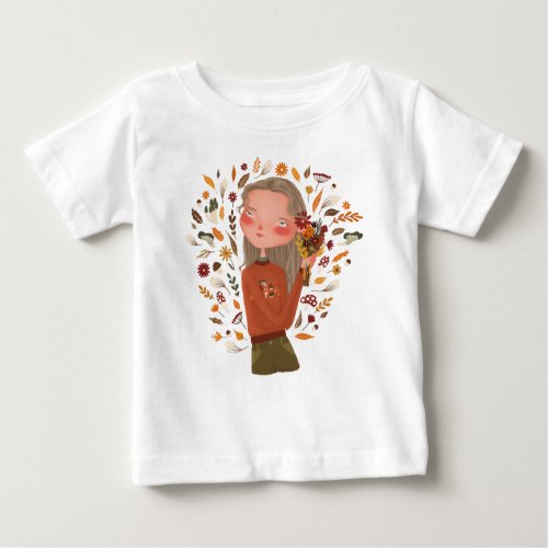 Fall Girl Autumn Flowers and Leaves Drawing  Baby T_Shirt