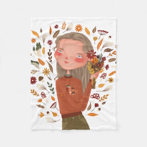 Fall Girl Autumn Flowers and Leaves Drawing  Fleece Blanket