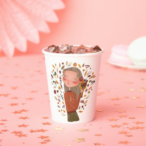 Fall Girl Autumn Flowers and Leaves Drawing  Paper Cups