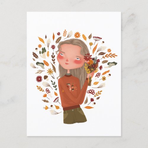 Fall Girl Autumn Flowers and Leaves Drawing  Postcard