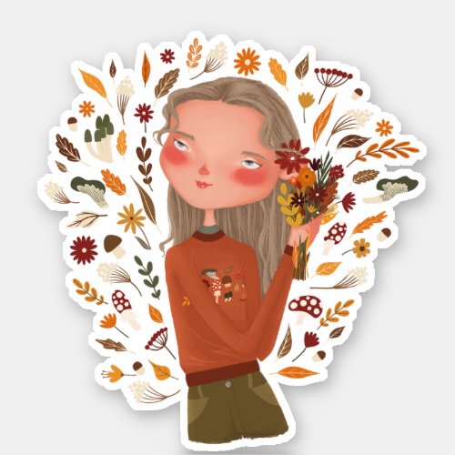 Fall Girl Autumn Flowers and Leaves Drawing  Sticker