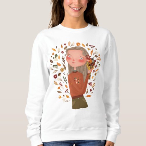 Fall Girl Autumn Flowers and Leaves Drawing  Sweatshirt