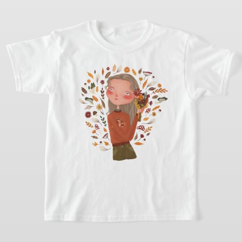 Fall Girl Autumn Flowers and Leaves Drawing  T_Shirt