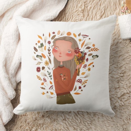 Fall Girl Autumn Flowers and Leaves Drawing Throw Pillow