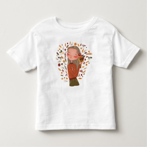 Fall Girl Autumn Flowers and Leaves Drawing  Toddler T_shirt