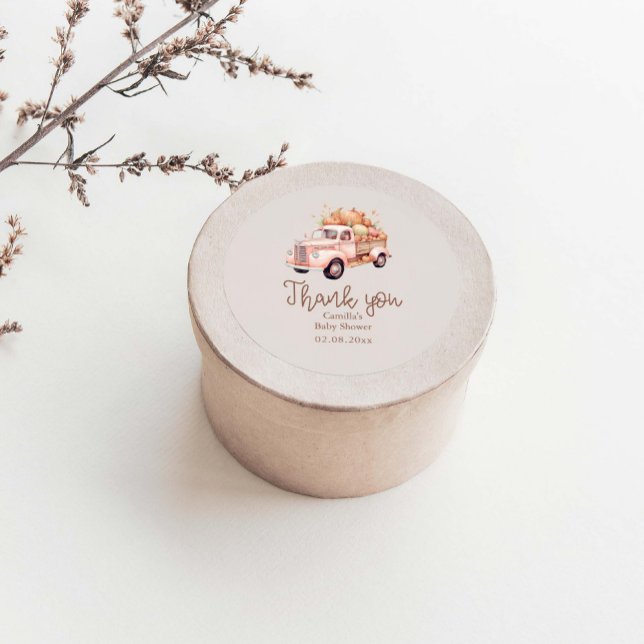 Fall Girl Baby Shower Pink Pumpkin Truck  Classic Round Sticker (Creator Uploaded)