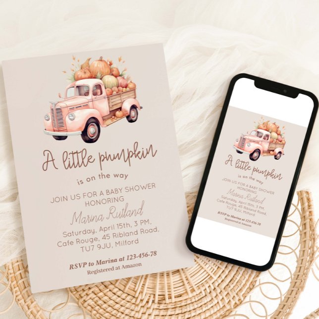 Fall Girl Baby Shower Pink Pumpkin Truck  Invitation (Creator Uploaded)