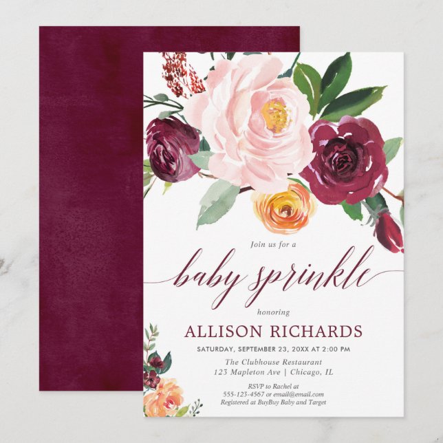 Fall girl baby sprinkle blush pink burgundy floral invitation (Front/Back)