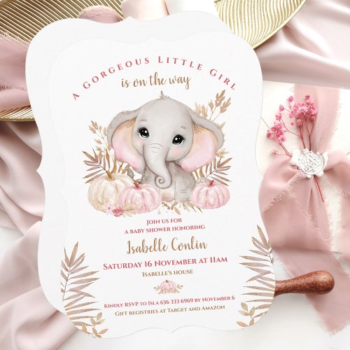 Fall Girl Elephant Baby Shower Invitation