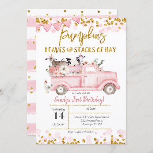 Fall Girl Farm Pink Pumpkin Truck Birthday Invitation