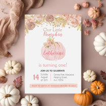 Fall Girl Gold Pumpkin 1st Birthday Invitation