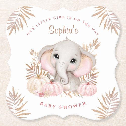 Fall Girl Pink Baby Shower Paper Coaster