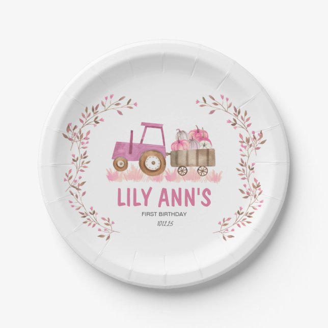 Fall Girl Tractor Birthday Invitation Paper Plates (Front)