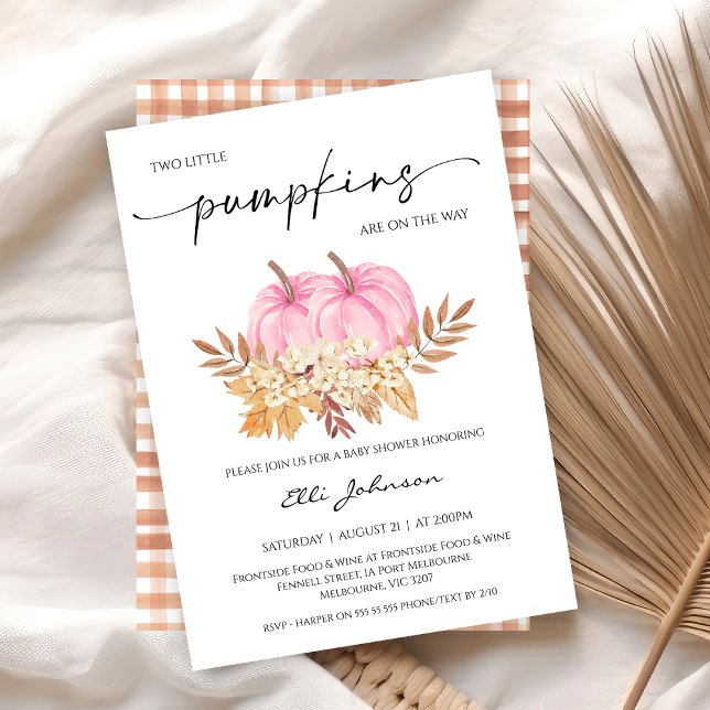 Fall Girls Twins Two Pink Pumpkins Baby Shower Invitation (Twin Girls Little Pumpkin Baby Shower Invitation, Fall Twins Baby Shower Invite, Autumn Baby Shower)