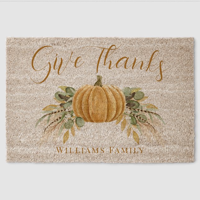 Fall Give Thanks Rustic Thanksgiving Pumpkin  Fiber Doormat (Front)