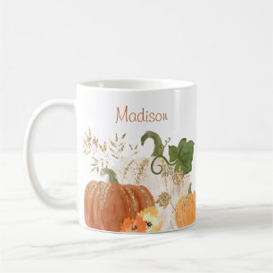 Fall Glitter Pumpkins Watercolor Autumn Leaves Coffee Mug