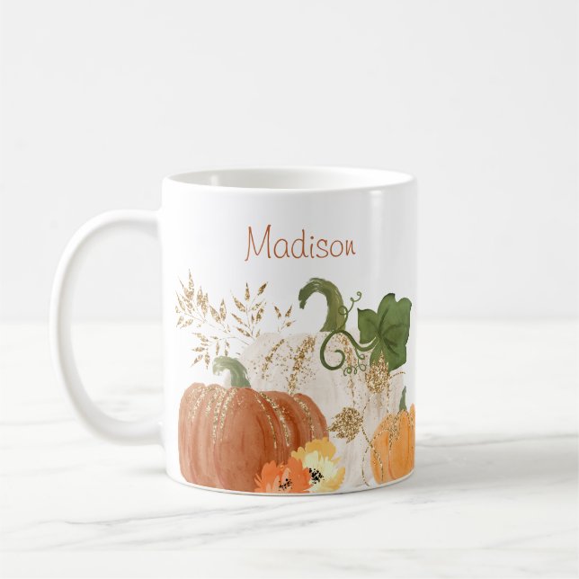Fall  Glitter Pumpkins Watercolor Autumn Leaves   Coffee Mug (Left)