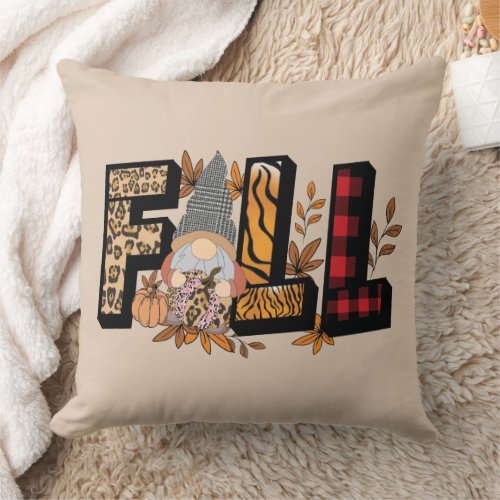 FALL Gnomes in Animal Print Pattern  Throw Pillow