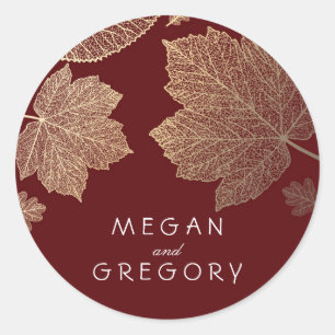 Fall Gold and Burgundy Leaves Wedding Classic Round Sticker