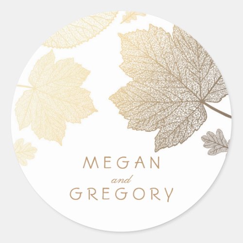 Fall Gold and White Leaves Wedding Classic Round Sticker