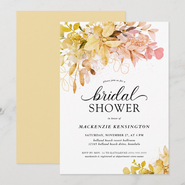Fall Gold Blush Floral Eucalyptus Bridal Shower Invitation (Front/Back)