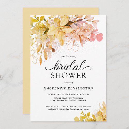 Fall Gold Blush Floral Eucalyptus Bridal Shower Invitation
