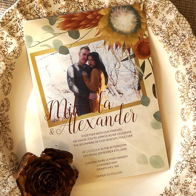 Fall Gold, Bronze Sage Green Proteas Wedding Invitation (Fall Protea Flowers in Gold and Brown with Sage Green Eucalyptus Leaves)