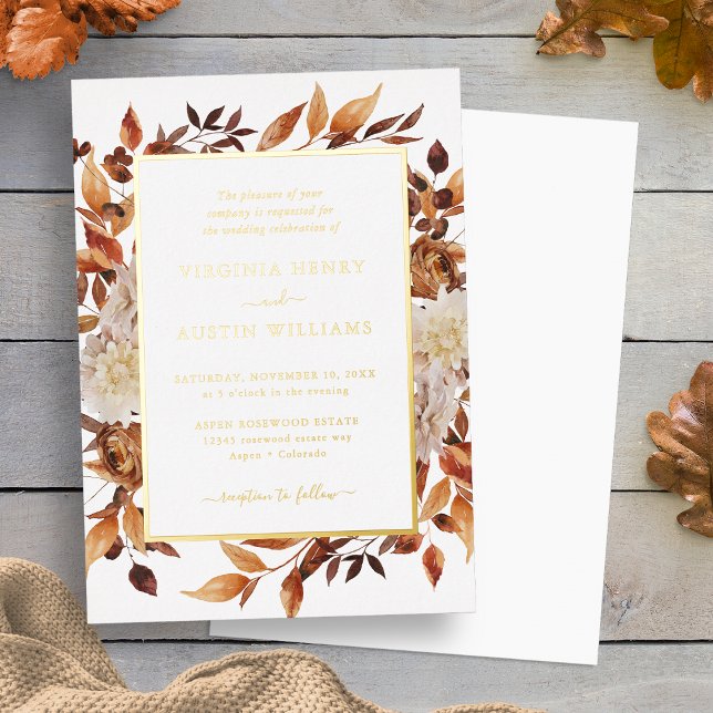 Fall Gold Elegant Wedding Foil Invitation (Watercolor Floral Fall Leaves Gold Elegant Wedding Foil Invitation by Painted Paperie
)