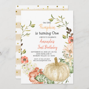 Fall Gold Glitter Pumpkin 1st Birthday Invitation