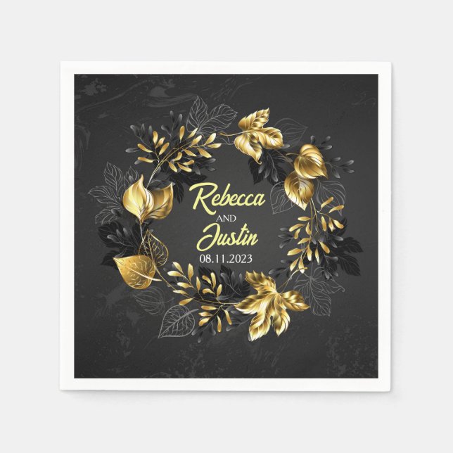 Fall Gold Leaves Black Modern Boho Napkins (Front)