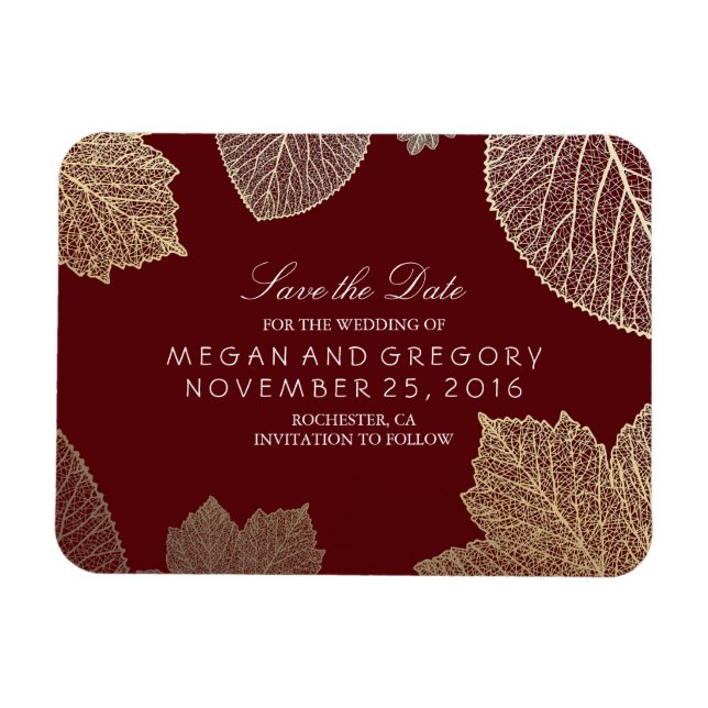 Fall Gold Leaves Burgundy Save the Date Magnet (Horizontal)