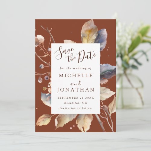 Fall Gold Leaves on Terracotta Christian Wedding Save The Date