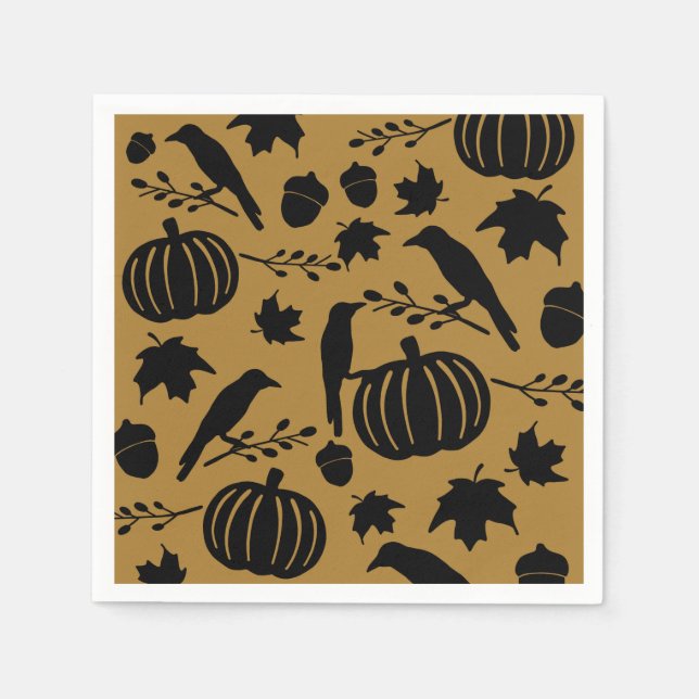 Fall Gold Orange Yellow Black Crow Autumn Pumpkin Napkins (Front)