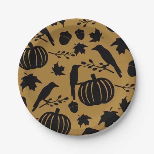 Fall Gold Orange Yellow Black Crow Autumn Pumpkin Paper Plates