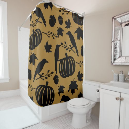 Fall Gold Orange Yellow Black Crow Autumn Pumpkin Shower Curtain