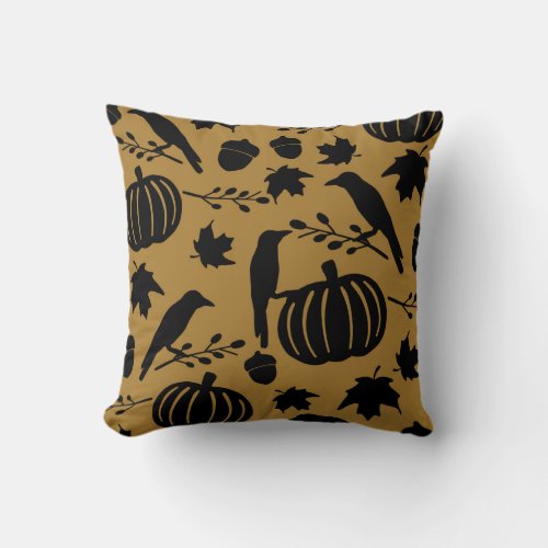 Fall Gold Orange Yellow Black Crow Autumn Pumpkin Throw Pillow