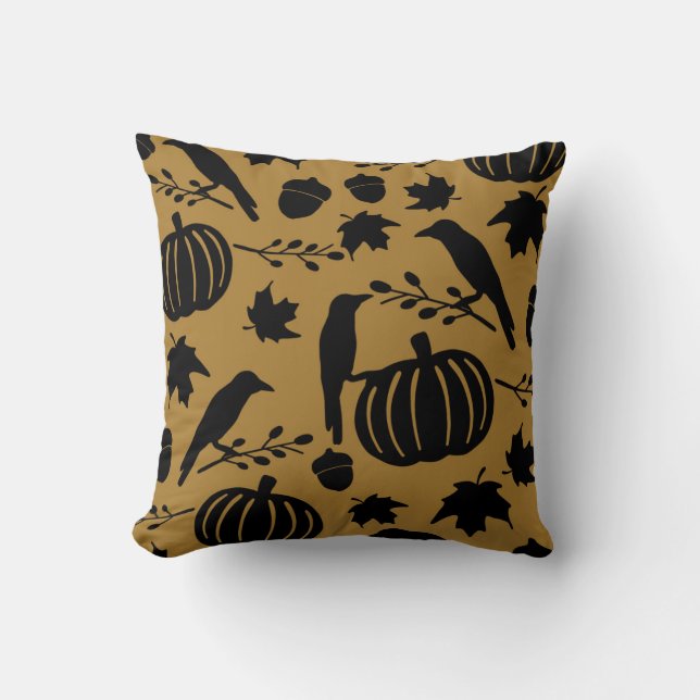 Fall Gold Orange Yellow Black Crow Autumn Pumpkin Throw Pillow (Front)