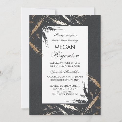 Fall Gold Wheat Modern Rustic Bridal Shower Invitation - Gold foil effect wheat fall bridal shower invitations