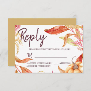 Fall Golden Foliage Autumn Pumpkin Wedding RSVP Invitation