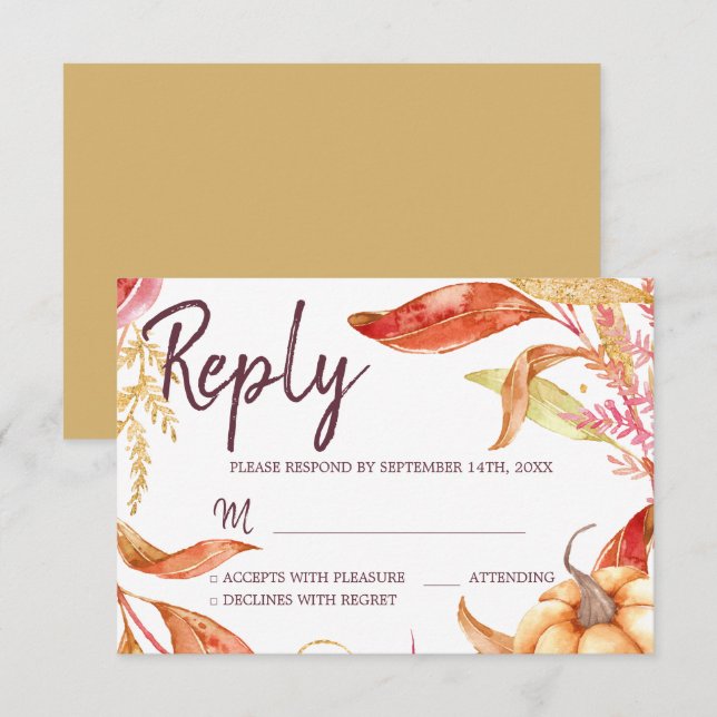 Fall Golden Foliage Autumn Pumpkin Wedding RSVP Invitation (Front/Back)