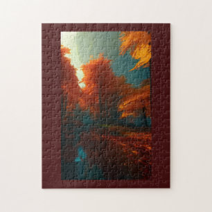 Fall golden red trees throwing shadow over lake jigsaw puzzle