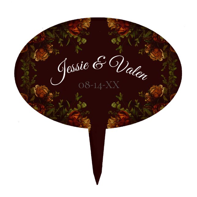 Fall Gothic Wedding Rustic Orange Maroon Cake Topper (Front)
