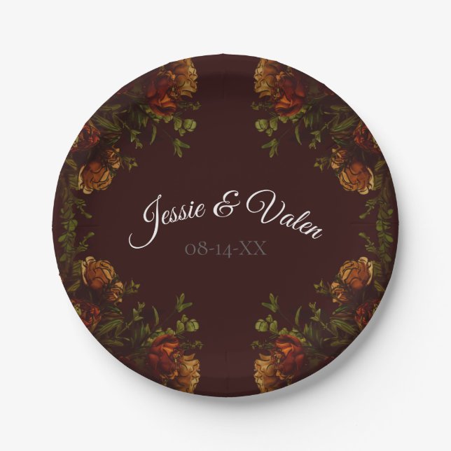 Fall Gothic Wedding Rustic Orange Maroon Paper Plates (Front)