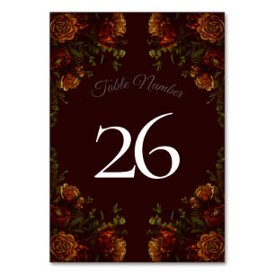 Fall Gothic Wedding Rustic Orange Maroon Table Number