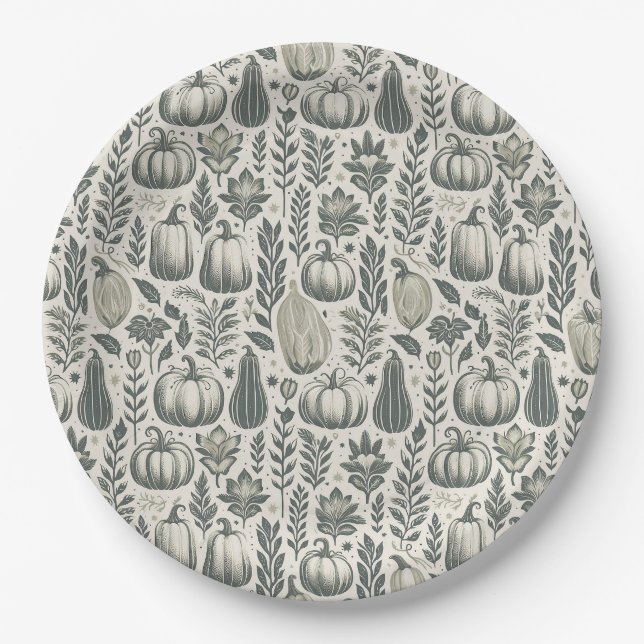 Fall Gourds Block Print in Green Paper Plates (Front)