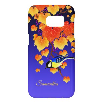 Fall Grape Vine Great Tit Bird Orange Leaves Blue Samsung Galaxy S7 Case